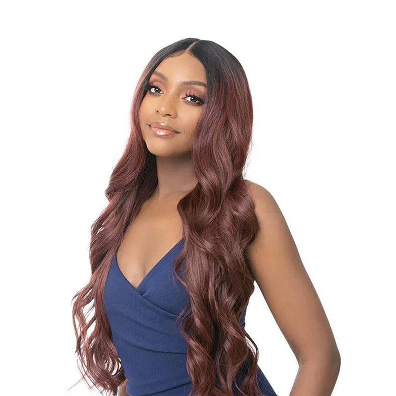 ITS A WIG long wavy burgundy brown HD lace wig with center part natural hairline and soft loose curls for everyday wear