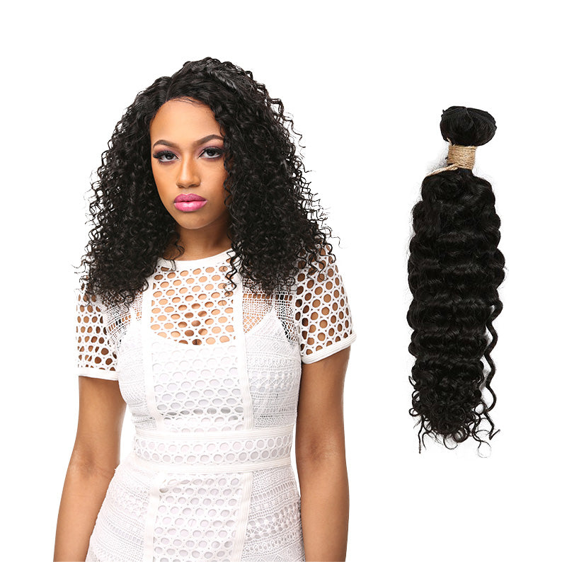 LAFLARE curly wig on model with matching bundle of unprocessed Brazilian virgin hair for natural styling