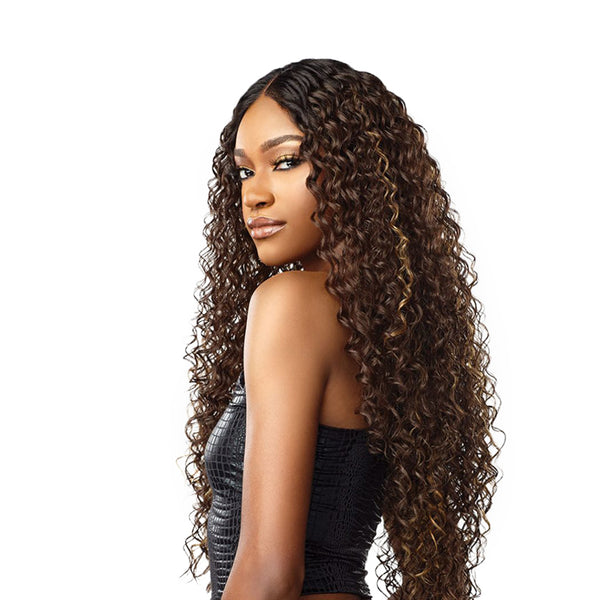 SENSATIONNEL long curly brown highlighted wig on model with middle part wearing HD lace wig for women