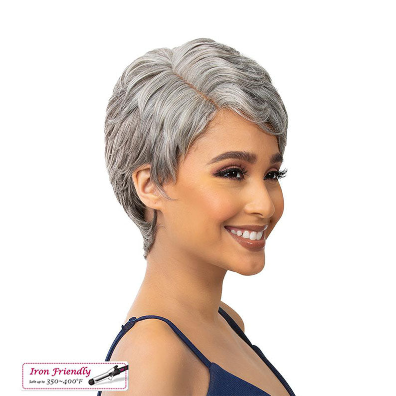 ITS A WIG short silver gray pixie with side part and layered texture premium synthetic wig for women