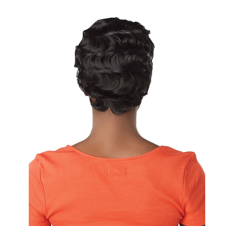 SENSATIONNEL short full cap wig for women in short black waved pixie style shown from back on model