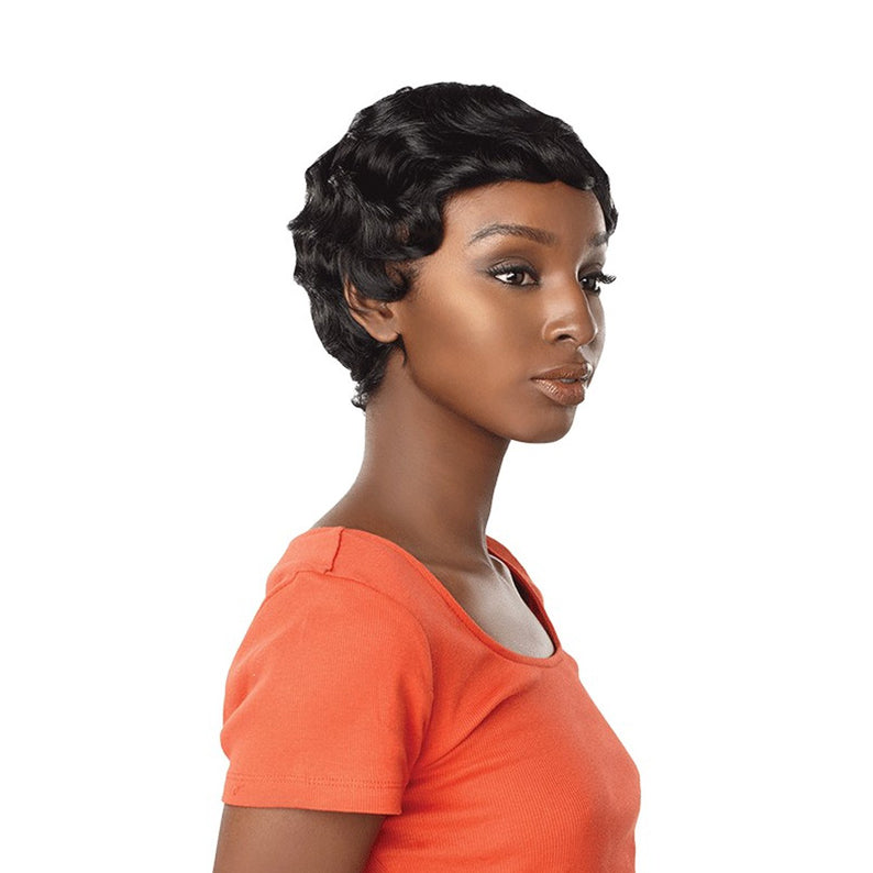 SENSATIONNEL short full cap wig for women in jet black finger wave style on model in orange top