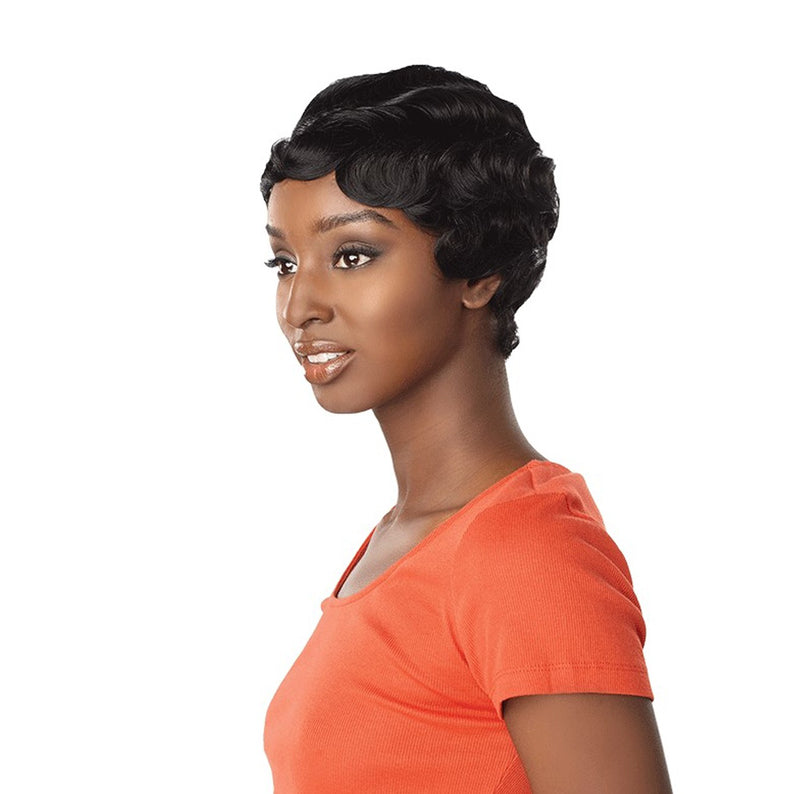 SENSATIONNEL short full cap wig for women finger wave black pixie style on model in orange top