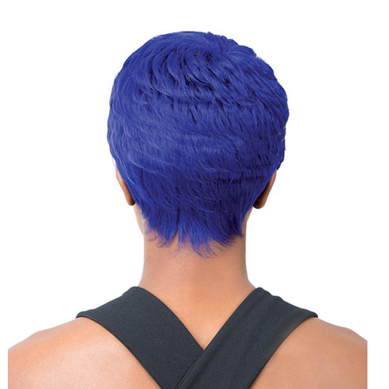 Its A Wig synthetic full cap wig short cobalt blue pixie shown from back on model