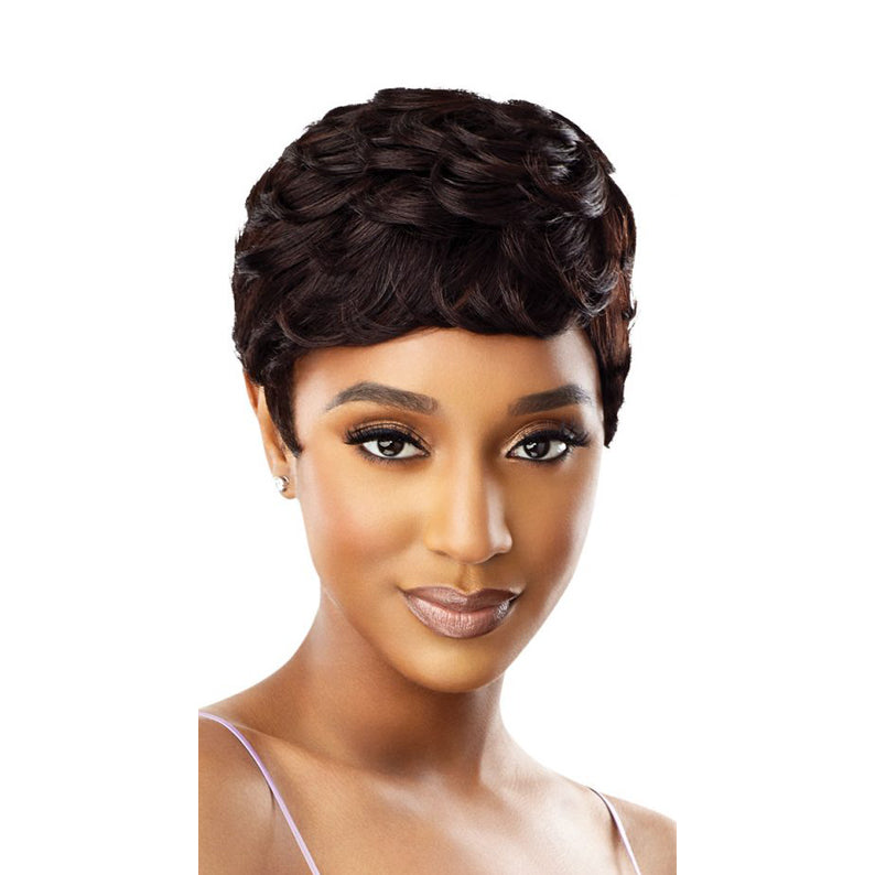 OUTRE short wavy pixie unprocessed human hair full cap wig in dark brown shown on female model