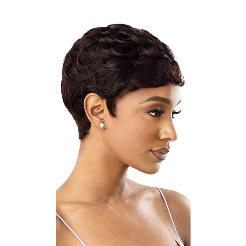 OUTRE short brown pixie wig on model showing sleek waves and natural hairline unprocessed human hair full cap wig