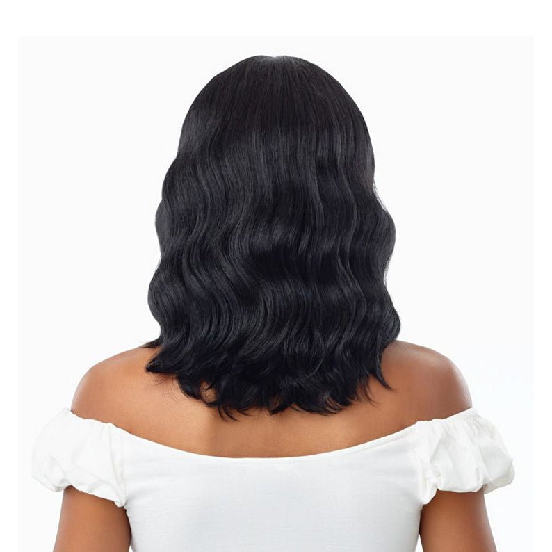 OUTRE shoulder length wavy black synthetic lace front wig shown on model back view for natural hairline
