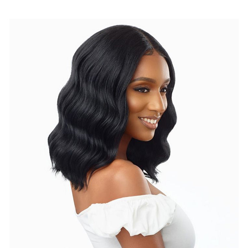 OUTRE synthetic lace front wig black wavy shoulder length bob with middle part natural hairline