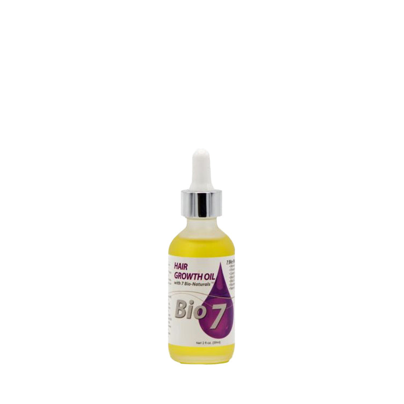 BY NATURES Bio7 hair growth oil dropper bottle with yellow oil and white purple label for scalp treatment