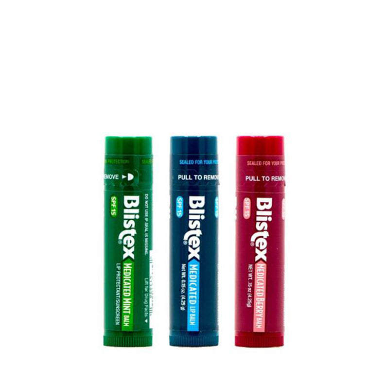 Blistex lip balm assorted flavors in green mint, blue medicated, and red berry tubes for lip protection