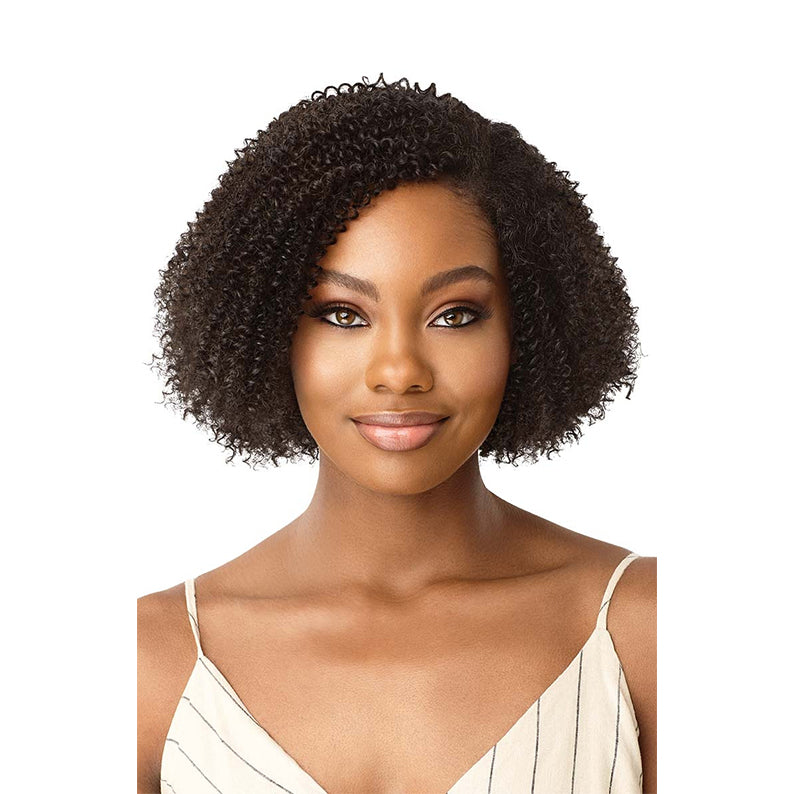 OUTRE 4C coily clip in hair extensions on model with short dark coily bob for natural volume