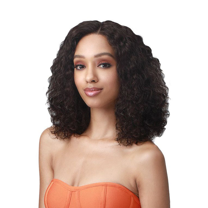 Bobbi Boss Joella HD lace frontal wig shoulder length natural black curly hair on model with center part