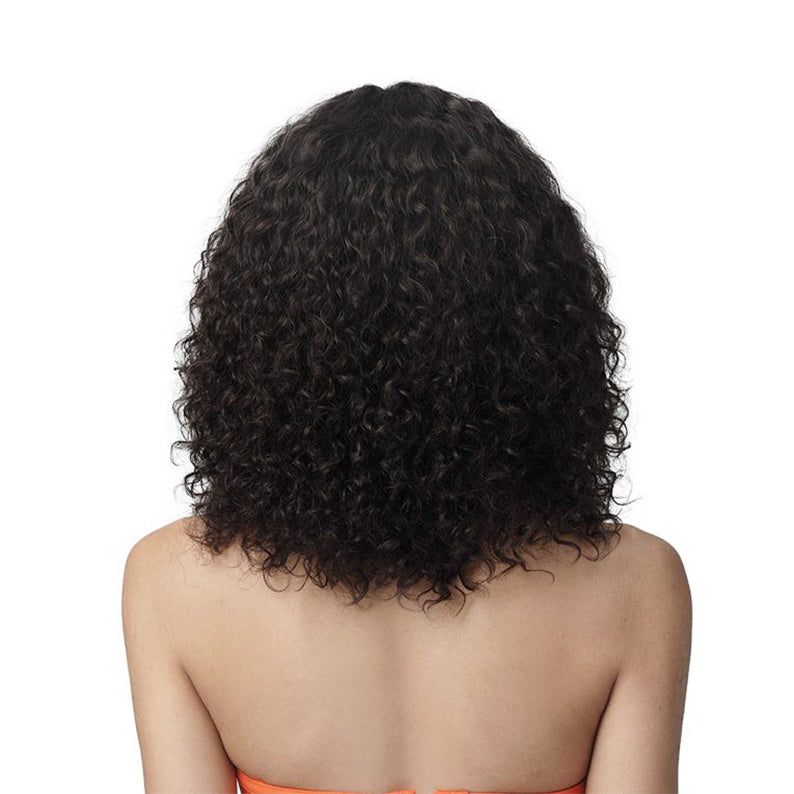 Back view of a shoulder length curly black wig on model wearing Bobbi Boss Joella HD lace frontal wig.