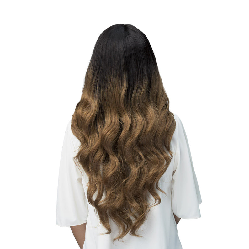 Bobbi Boss Brianne lace front wig. Back view long wavy ombre with dark roots and caramel brown ends
