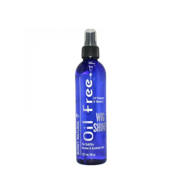 BONFI NATURAL oil free wig shine spray blue 8 oz bottle UV protectant for human and synthetic hair