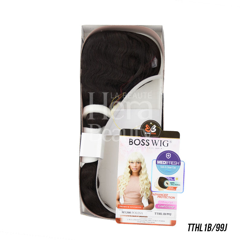 BOBBI BOSS blonde synthetic long wig in packaging showing dark roots with long wavy blonde hair