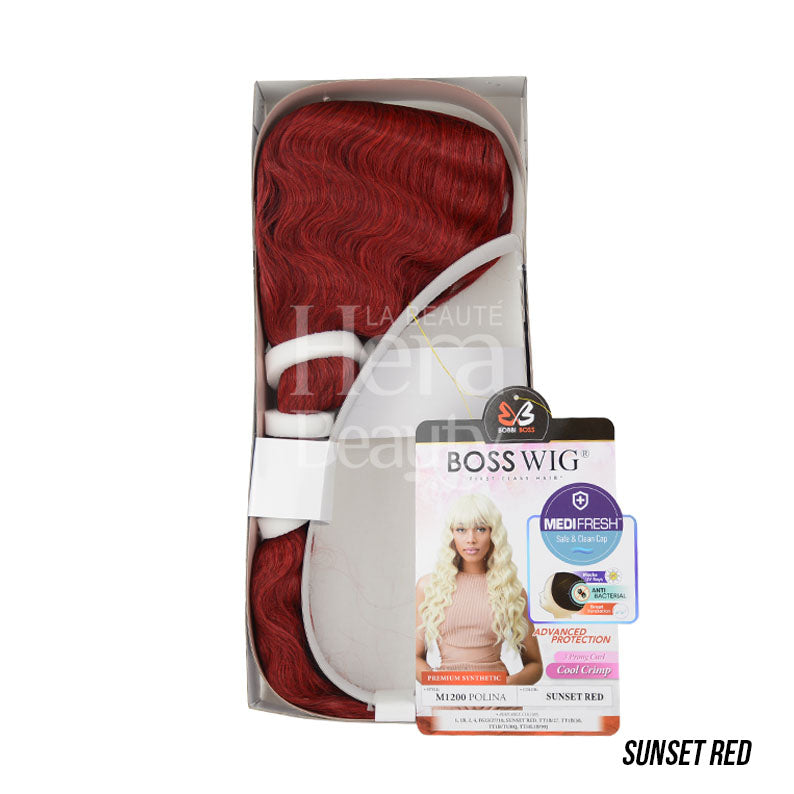 BOBBI BOSS sunset red synthetic wig packaging with blonde synthetic long wig image on label