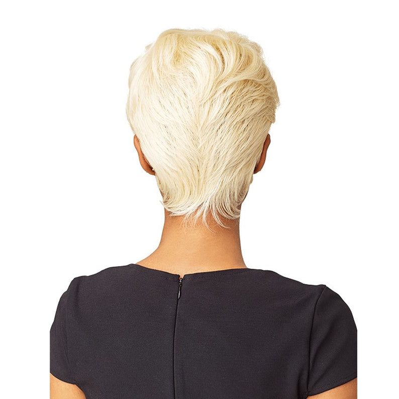 SENSATIONNEL synthetic blonde short wig short tapered pixie style shown from back on model