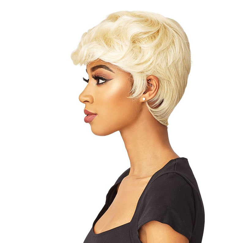 SENSATIONNEL synthetic blonde short wig textured pixie cut sleek side profile on model