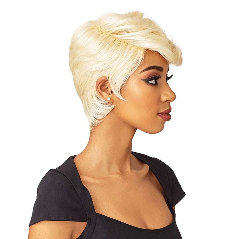 SENSATIONNEL synthetic blonde short wig pixie cut with side swept fringe and layered back