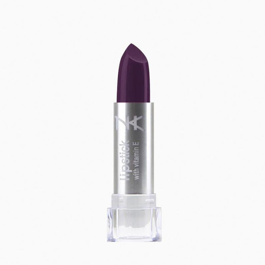 NICKA K vitamin E lipstick in deep purple shade with silver and clear tube packaging