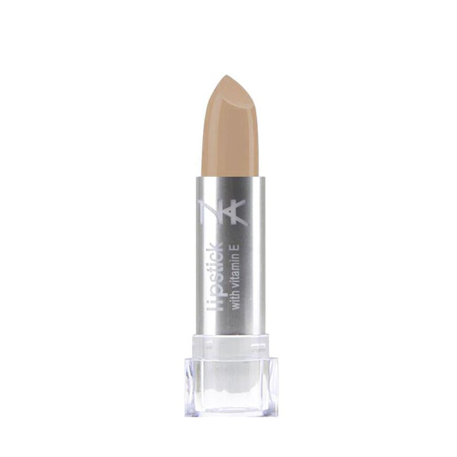 NICKA K vitamin E lipstick in a neutral beige shade with silver and clear packaging