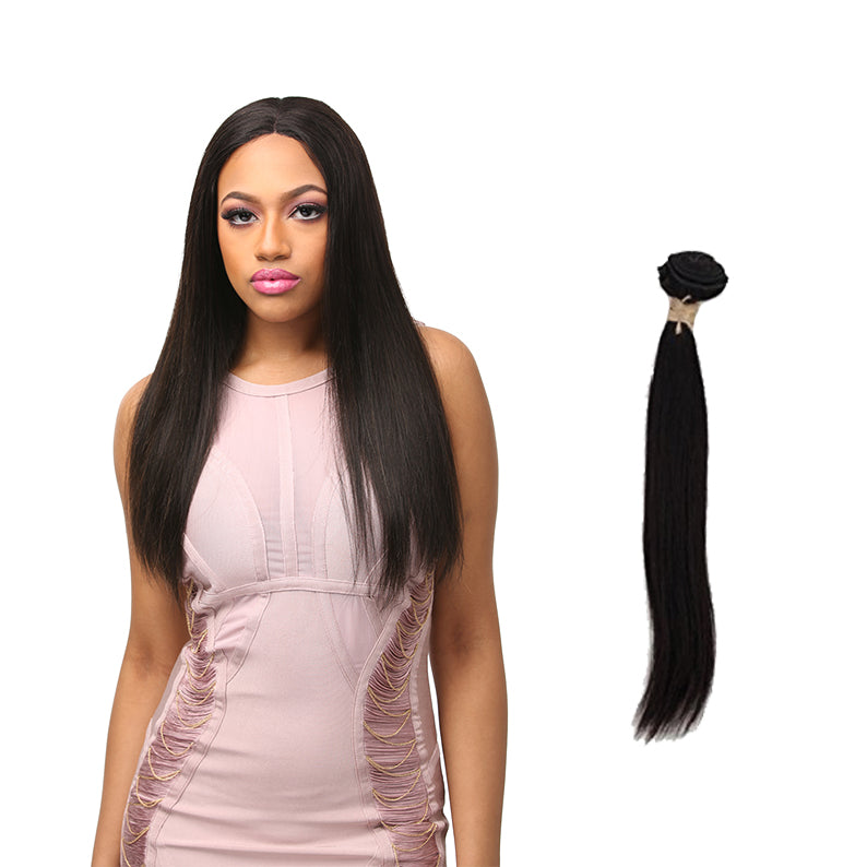 LAFLARE Brazilian virgin straight hair bundle shown on model with long sleek straight hair and a single hair bundle