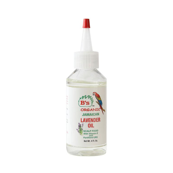 BS Organic Jamaican lavender oil for hair in clear squeeze bottle with red nozzle and parrot label