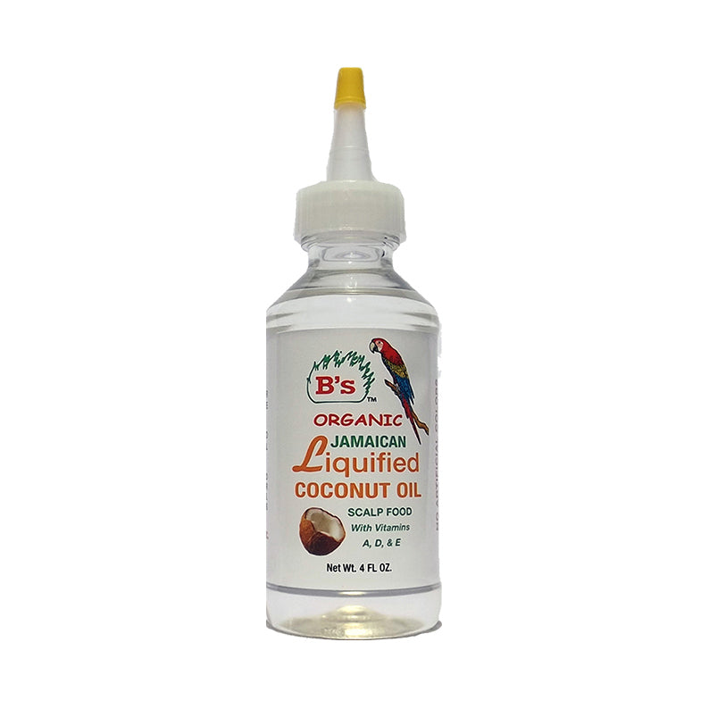 Clear squeeze bottle of Jamaican liquified coconut oil for hair with precision nozzle and 4 fl oz label