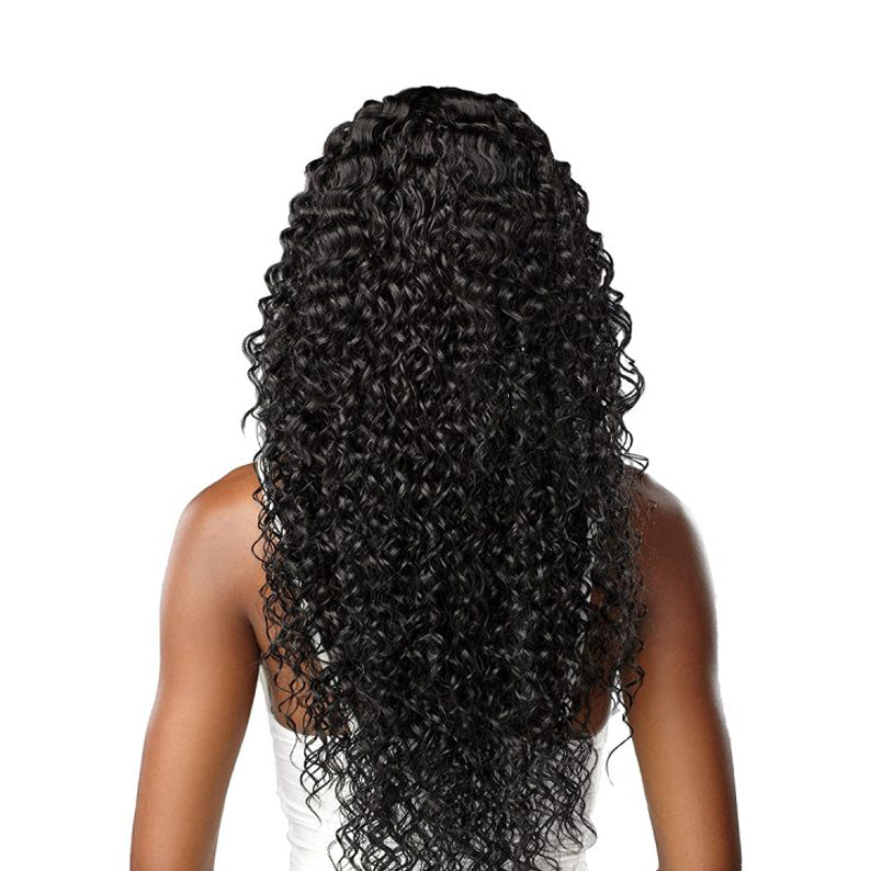 SENSATIONNEL Butta Lace human hair blend wig long glossy deep curly black hair shown from back