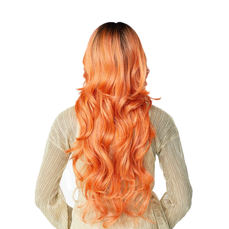 SENSATIONNEL Butta Lace Butta Unit 2 wig. long wavy orange ombre with dark roots back view