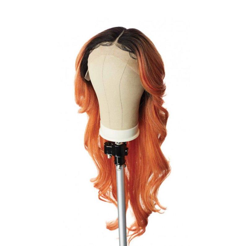 Butta Lace Butta Unit 2 wig. SENSATIONNEL long wavy orange ombre lace front wig on mannequin head stand