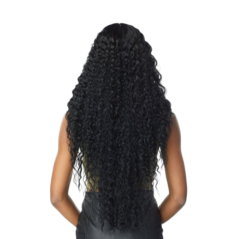 SENSATIONNEL Butta Lace Unit 3 wig long black deep wave curly hair back view on model