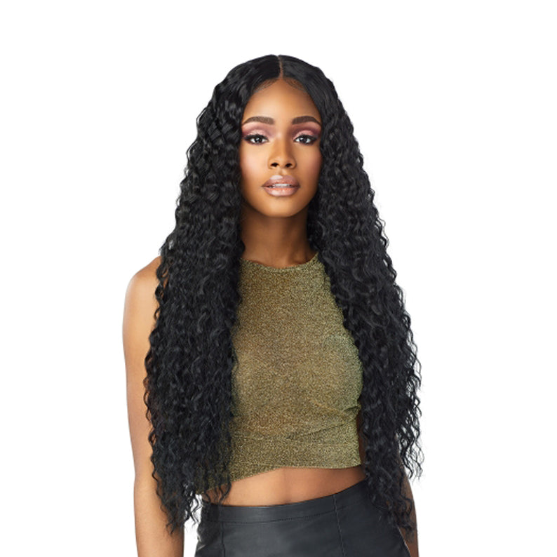 SENSATIONNEL Butta Lace Unit 3 wig long deep wave black hair with middle part on model