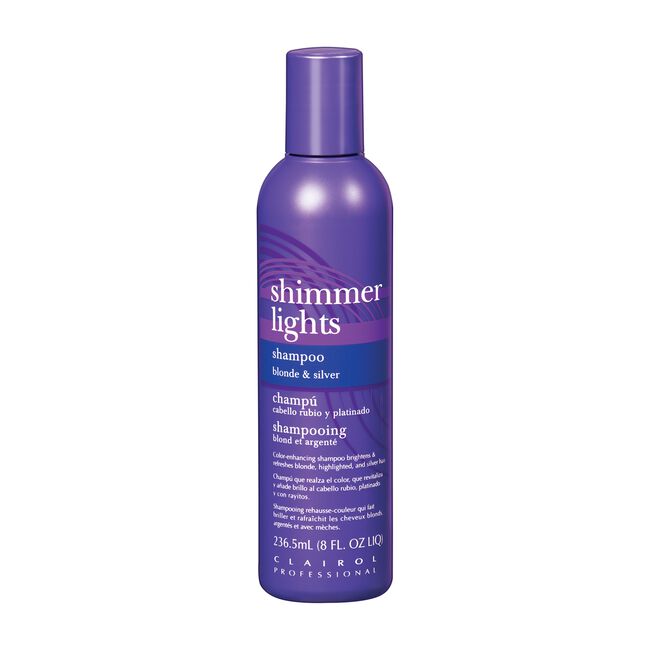Clairol Shimmer Lights purple bottle blonde toning shampoo for blonde and silver hair to reduce brassiness
