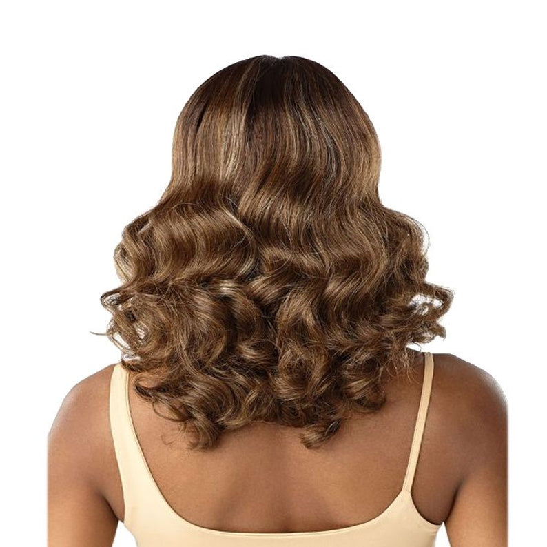 SENSATIONNEL Cloud 9 HD lace front wig medium brown shoulder length wavy hair with highlights
