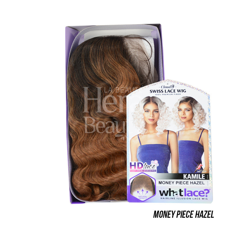 SENSATIONNEL Cloud 9 What Lace KAMILE wig Money Piece Hazel in box showing wavy hazel brown lace front wig with product card