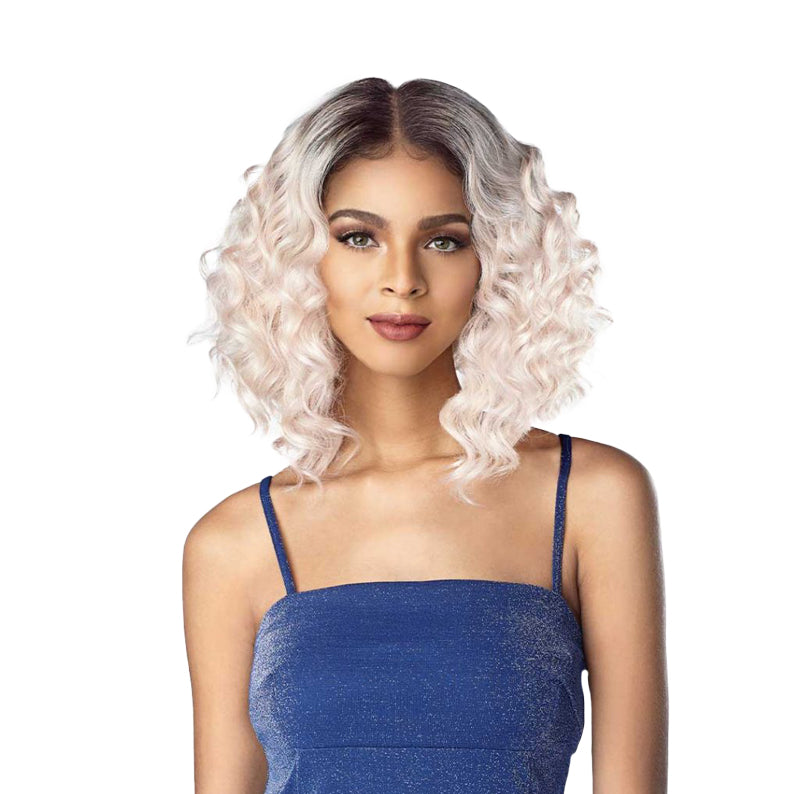 SENSATIONNEL Cloud 9 What Lace KAMILE wig shoulder length wavy bob dark roots to platinum blonde lace front