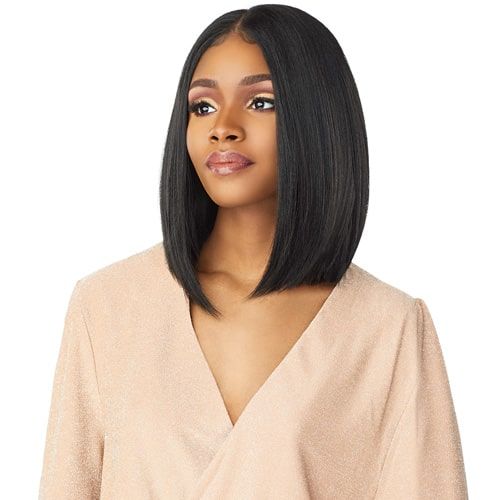 SENSATIONNEL Cloud 9 Whatlace Tyrina wig sleek straight angled bob in natural black on model