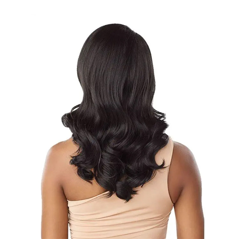 Cloud9 Whatlace HD Lace Wig Jalisa long glossy black wavy wig shown from back on model with natural hairline