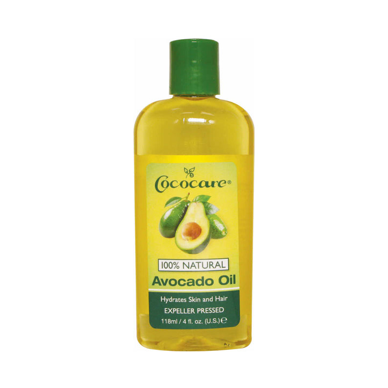 COCOCARE bottle of 100% natural avocado oil for hair in clear plastic bottle with green cap and label