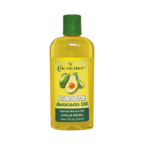 COCOCARE bottle of 100% natural avocado oil for hair in clear plastic bottle with green cap and label