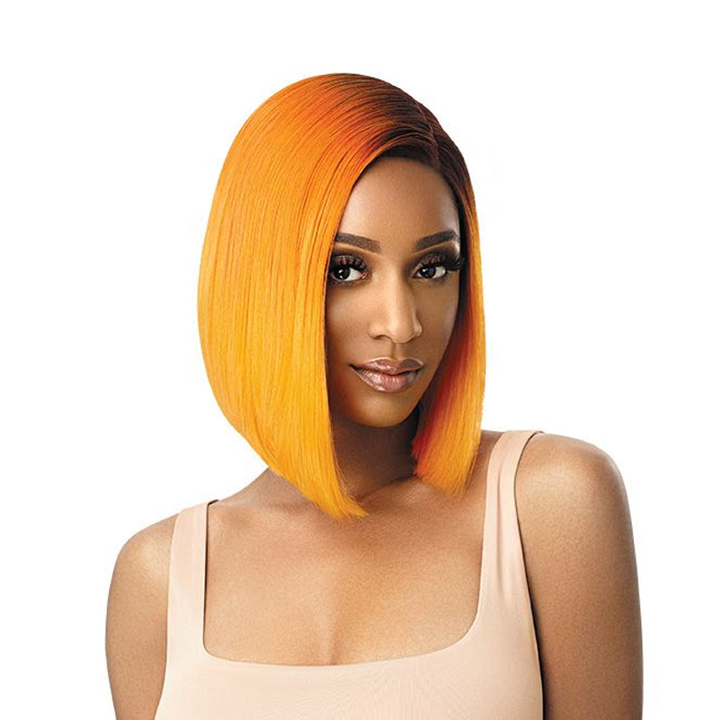 OUTRE COLORBOMB synthetic lace front wig orange to yellow ombre sleek angled bob on model