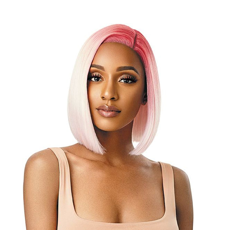 OUTRE COLORBOMB synthetic lace front wig pink to platinum blunt bob on model with center part