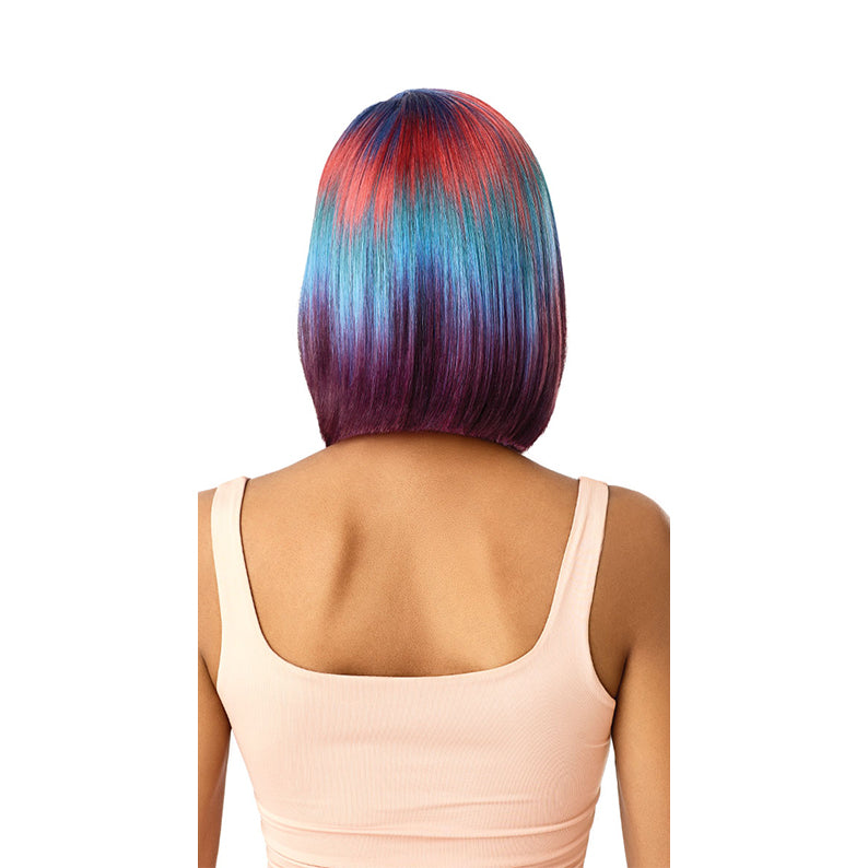 OUTRE COLORBOMB synthetic lace front wig vibrant rainbow bob blue red purple back view on model