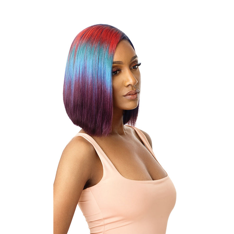 OUTRE COLORBOMB synthetic lace front wig straight shoulder length bob with red teal blue and purple gradient