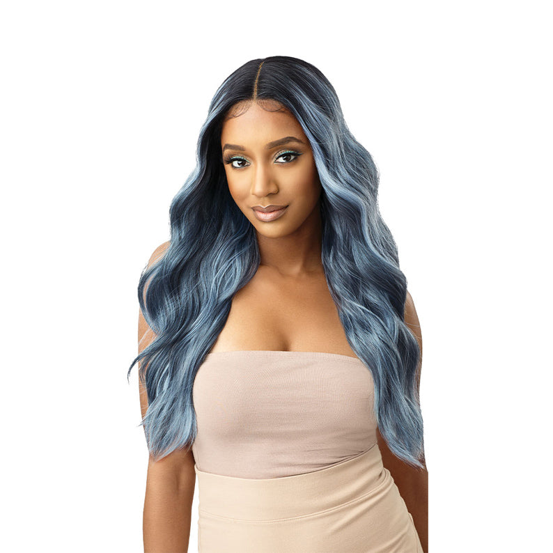 OUTRE synthetic lace front wig blonde shown in long cool blue ombre waves on model with center part
