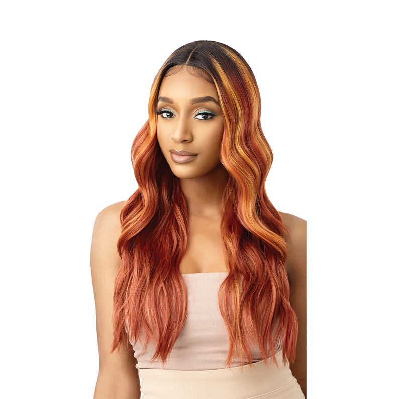 OUTRE synthetic lace front wig blonde long wavy ombre copper red with dark roots on model