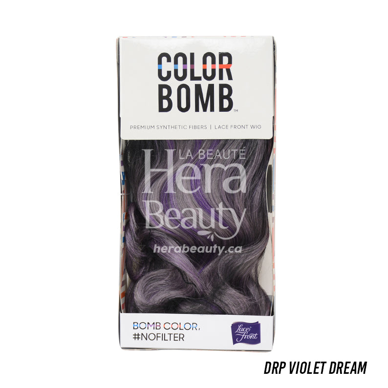 OUTRE Color Bomb DRP Violet Dream synthetic lace front wig blonde in box showing wavy violet hair