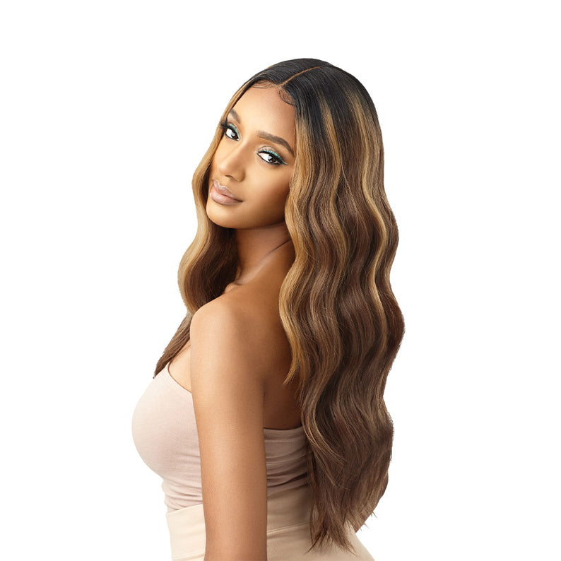 OUTRE synthetic lace front wig blonde long wavy honey blonde with dark roots and natural center part